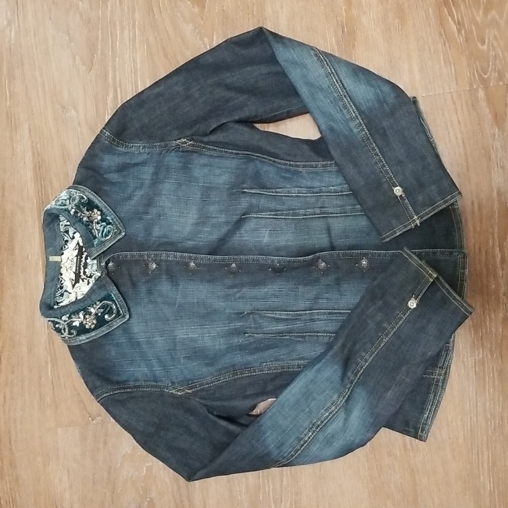 (S) Elie Tahari Denim Jacket Velvet Embroidered Collar Paisley Silk Line Fancy